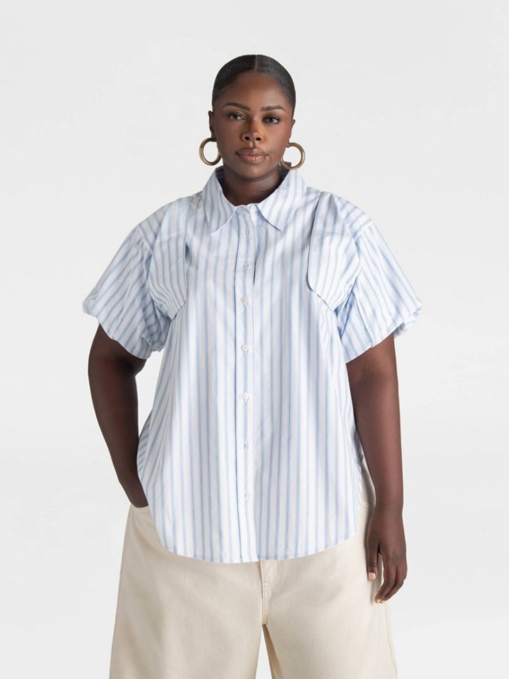 KBB By KAHLANA NWT Blue/White Convertible Sleeve Button Down Size XXL